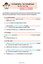 Les homophones grammaticaux - Fiches la, là, l’a, l’as - Cours, Leçon d'orthographe : 7ème Harmos - PDF gratuit à imprimer