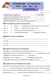 Les homophones lexicaux - Fiches sceau - seau - saut - sot - Évaluation d'orthographe : 7ème Harmos - PDF à imprimer