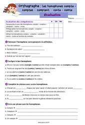 Les homophones lexicaux - Fiches compte - comptes - comptent - conte - comte - Évaluation d'orthographe : 7ème Harmos - PDF à imprimer