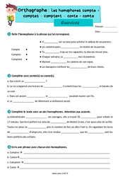 Les homophones lexicaux - Fiches compte - comptes - comptent - conte - comte - Exercices d'orthographe : 7ème Harmos - PDF à imprimer