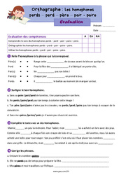 Les homophones lexicaux - Fiches perds - perd - père - pair - paire - Évaluation d'orthographe : 7ème Harmos - PDF à imprimer