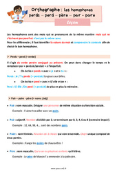 Les homophones lexicaux - Fiches perds - perd - père - pair - paire - Cours, Leçon d'orthographe : 7ème Harmos - PDF gratuit à imprimer