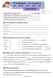 Les homophones lexicaux - Fiches ver - verre - vert - vers - vair - Évaluation d'orthographe : 7ème Harmos - PDF à imprimer