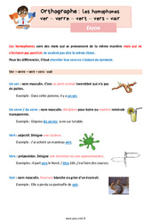 Les homophones lexicaux - Fiches ver - verre - vert - vers - vair - Cours, Leçon d'orthographe : 7ème Harmos - PDF gratuit à imprimer