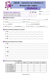 Connaitre les multiples et diviseurs d'un nombre - Évaluation de calcul : 7ème Harmos - PDF à imprimer