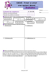 Diviser un entier avec un quotient décimal - Évaluation de calcul : 7ème Harmos - PDF à imprimer