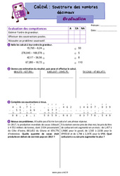 Soustraire des nombres décimaux - Évaluation de calcul : 7ème Harmos - PDF à imprimer