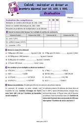 Multiplier et diviser un nombre décimal par 10, 100, 1 000 - Évaluation de calcul : 7ème Harmos - PDF à imprimer