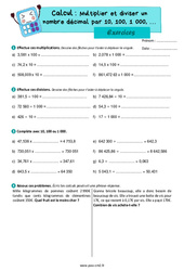 Multiplier et diviser un nombre décimal par 10, 100, 1 000 - Exercices de calcul : 7ème Harmos - PDF à imprimer