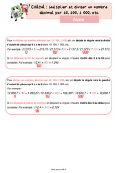 Multiplier et diviser un nombre décimal par 10, 100, 1 000 - Cours, Leçon de calcul : 7ème Harmos - PDF gratuit à imprimer