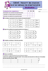 Découvrir les situations et les tableaux de proportionnalité - Évaluation de calcul : 7ème Harmos - PDF à imprimer