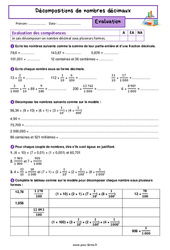 Décompositions de nombres décimaux - Évaluation de numération pour la  : 8ème Harmos - PDF à imprimer