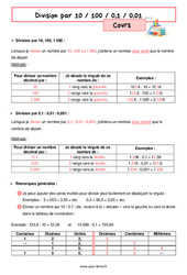 Division par 10 / 100 / 0,1 / 0,01 … - Cours de nombres et calculs pour la  : 8ème Harmos - PDF à imprimer