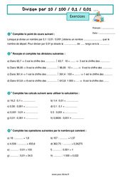 Division par 10 / 100 / 0,1 / 0,01 … - Exercices de nombres et calculs pour la  : 8ème Harmos - PDF à imprimer