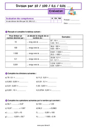 Division par 10 / 100 / 0,1 / 0,01 … - Examen Evaluation de nombres et calculs pour la  : 8ème Harmos - PDF à imprimer