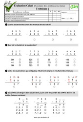 Soustraire deux nombres avec retenue Technique 2 - Examen Evaluation- Fiches QCM - Quiz  : 5ème Harmos - PDF à imprimer