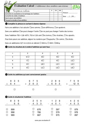 L'addition de deux nombres avec retenue - Examen Evaluation- Fiches QCM - Quiz  : 5ème Harmos - PDF à imprimer