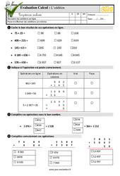 L’addition - Examen Evaluation- Fiches QCM - Quiz  : 6ème Harmos - PDF à imprimer