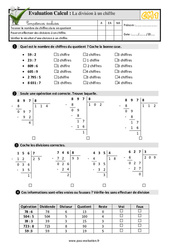 La division à un chiffre - Examen Evaluation- Fiches QCM - Quiz  : 6ème Harmos - PDF à imprimer