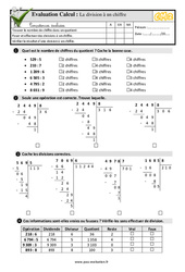 La division à un chiffre - Examen Evaluation- Fiches QCM - Quiz  : 7ème Harmos - PDF à imprimer