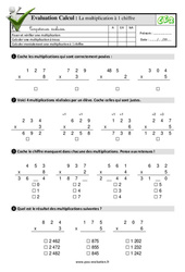 La multiplication à un chiffre - Examen Evaluation- Fiches QCM - Quiz  : 5ème Harmos - PDF à imprimer