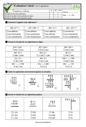 Les 4 opérations - Examen Evaluation- Fiches QCM - Quiz  : 5ème Harmos - PDF à imprimer