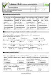 Problèmes sur les 4 opérations - Examen Evaluation- Fiches QCM - Quiz  : 5ème Harmos - PDF à imprimer