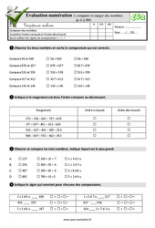 Comparer et ranger des nombres de 0 à 999 - Examen Evaluation- Fiches QCM - Quiz  : 5ème Harmos - PDF à imprimer