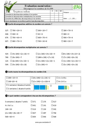 Décomposer les nombres de 0 à 999 - Examen Evaluation- Fiches QCM - Quiz  : 5ème Harmos - PDF à imprimer