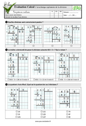 Technique opératoire de la division - Examen Evaluation- Fiches QCM - Quiz  : 5ème Harmos - PDF à imprimer