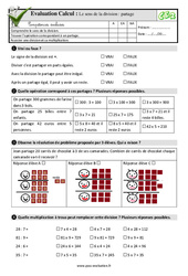 Le sens de la division - Fiches partage - Examen Evaluation- Fiches QCM - Quiz  : 5ème Harmos - PDF à imprimer