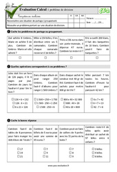 Problèmes de division - Examen Evaluation- Fiches QCM - Quiz  : 5ème Harmos - PDF à imprimer