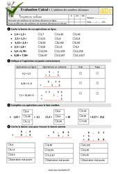 L’addition des nombres décimaux - Examen Evaluation- Fiches QCM - Quiz  : 6ème Harmos - PDF à imprimer