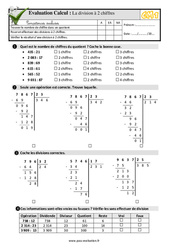 La division à 2 chiffres - Examen Evaluation- Fiches QCM - Quiz  : 6ème Harmos - PDF à imprimer