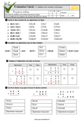 Addition des décimaux - Examen Evaluation- Fiches QCM - Quiz  : 7ème Harmos - PDF à imprimer