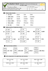 Multiplier et diviser des décimaux par 10,100 et 1000 - Examen Evaluation- Fiches QCM - Quiz  : 6ème Harmos - PDF à imprimer