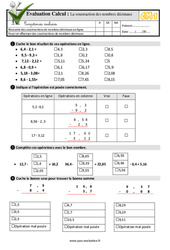 La soustraction des nombres décimaux - Examen Evaluation- Fiches QCM - Quiz  : 6ème Harmos - PDF à imprimer