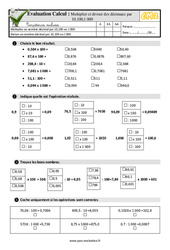 Multiplier et diviser des décimaux par 10,100 et 1000 - Examen Evaluation- Fiches QCM - Quiz  : 7ème Harmos - PDF à imprimer