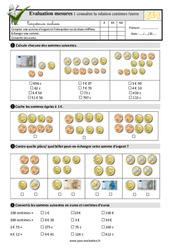 Connaître la relation centimes/euros - Examen Evaluation- Fiches QCM - Quiz  : 4ème Harmos - PDF à imprimer