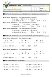 Soustraire en ligne - Examen Evaluation- Fiches QCM - Quiz : 4ème Harmos - PDF à imprimer