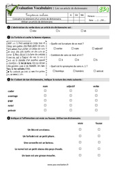 Lire un article de dictionnaire - Examen Evaluation- Fiches QCM - Quiz : 4ème Harmos - PDF à imprimer