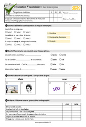 Les homonymes - Examen Evaluation- Fiches QCM - Quiz : 6ème Harmos - PDF à imprimer