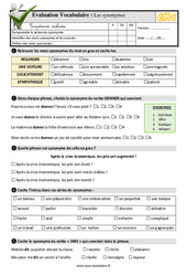 Les synonymes - Examen Evaluation- Fiches QCM - Quiz : 6ème Harmos - PDF à imprimer