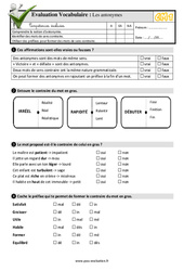 Les antonymes - Examen Evaluation- Fiches QCM - Quiz : 6ème Harmos - PDF à imprimer