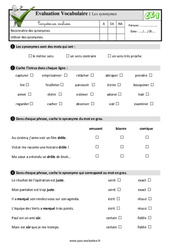 Les synonymes - Examen Evaluation- Fiches QCM - Quiz : 4ème Harmos - PDF à imprimer