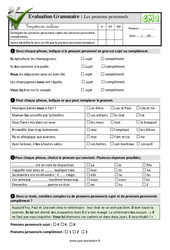 Les pronoms personnels - Examen Evaluation- Fiches QCM - Quiz : 6ème Harmos - PDF à imprimer