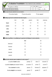 Les mots de sens contraire - Examen Evaluation- Fiches QCM - Quiz : 4ème Harmos - PDF à imprimer