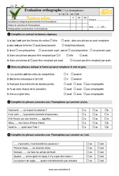 Les homophones  a / as / à - on / ont - Examen Evaluation- Fiches QCM - Quiz : 6ème Harmos - PDF à imprimer