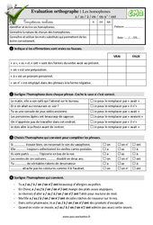 Les homophones a / as / à / on / on n’ / ont - Examen Evaluation- Fiches QCM - Quiz : 7ème Harmos - PDF à imprimer