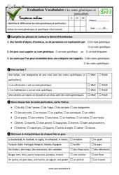 Les noms génériques et particuliers - Examen Evaluation- Fiches QCM - Quiz : 6ème Harmos - PDF à imprimer